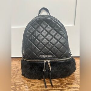 MICHAEL KORS RHEA ZIP MEDIUM BACKPACK BLACK QUILT LEATHER RABBIT FUR BAG
